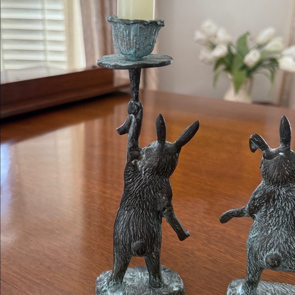 Verdigris Rabbit Candle Holders - Pair - Picture 6 of 10